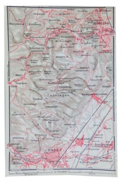 Umgebung von Mödling und Baden, alte Landkarte von 1931, alter Druck